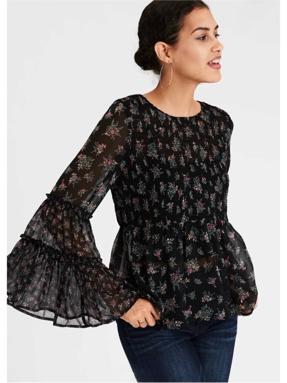 American Eagle Chiffon Smocked Tunic with Flared Bell Sleeves